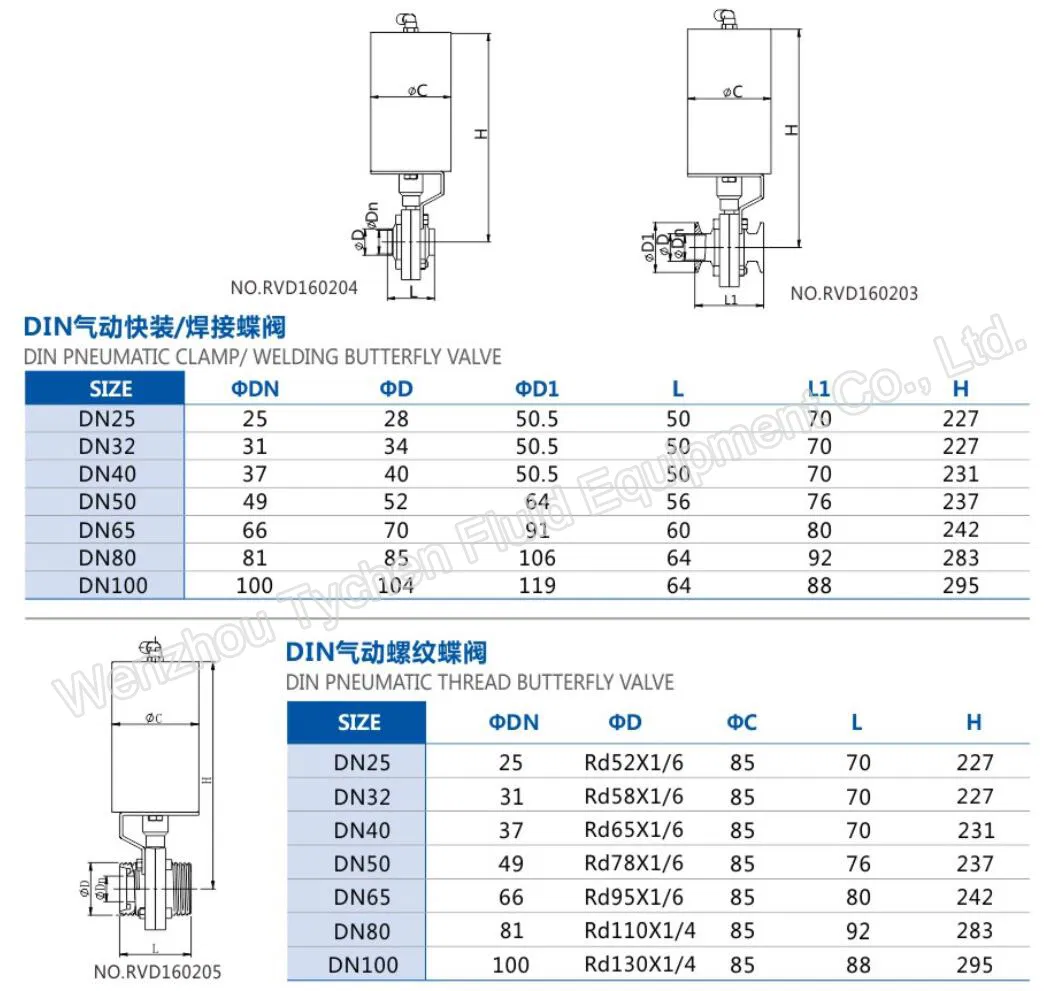 Sanitary Butterfly Valve 1 Inch Pneumatic Actuator Butterfly Valve DN25 Tri Clamp Stainless Steel Single